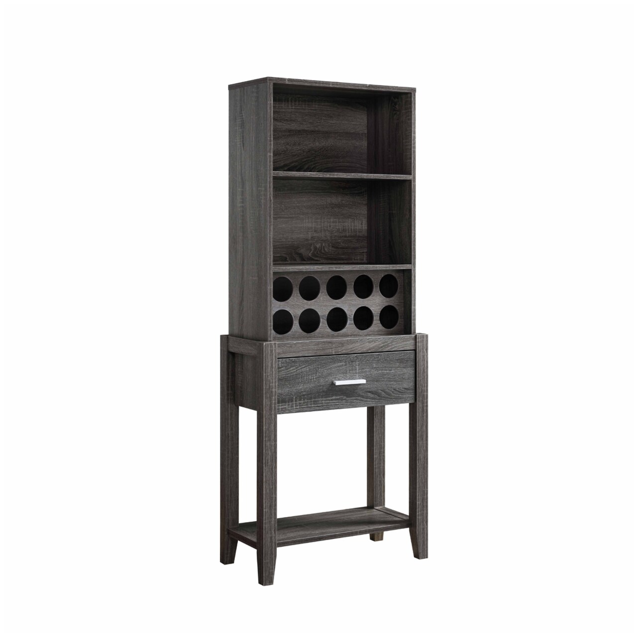 Saltoro Sherpi 66 Inch Wine Cabinet with 3 Shelves, Bottle Rack, Distressed Gray Finish-